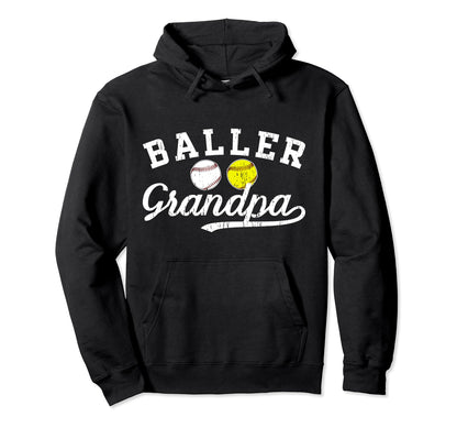 Baller Grandpa Proud Baseball Softball Hoodie - Unique Graphic Unisex - T-Shirt, Sweatshirt, Hoodie