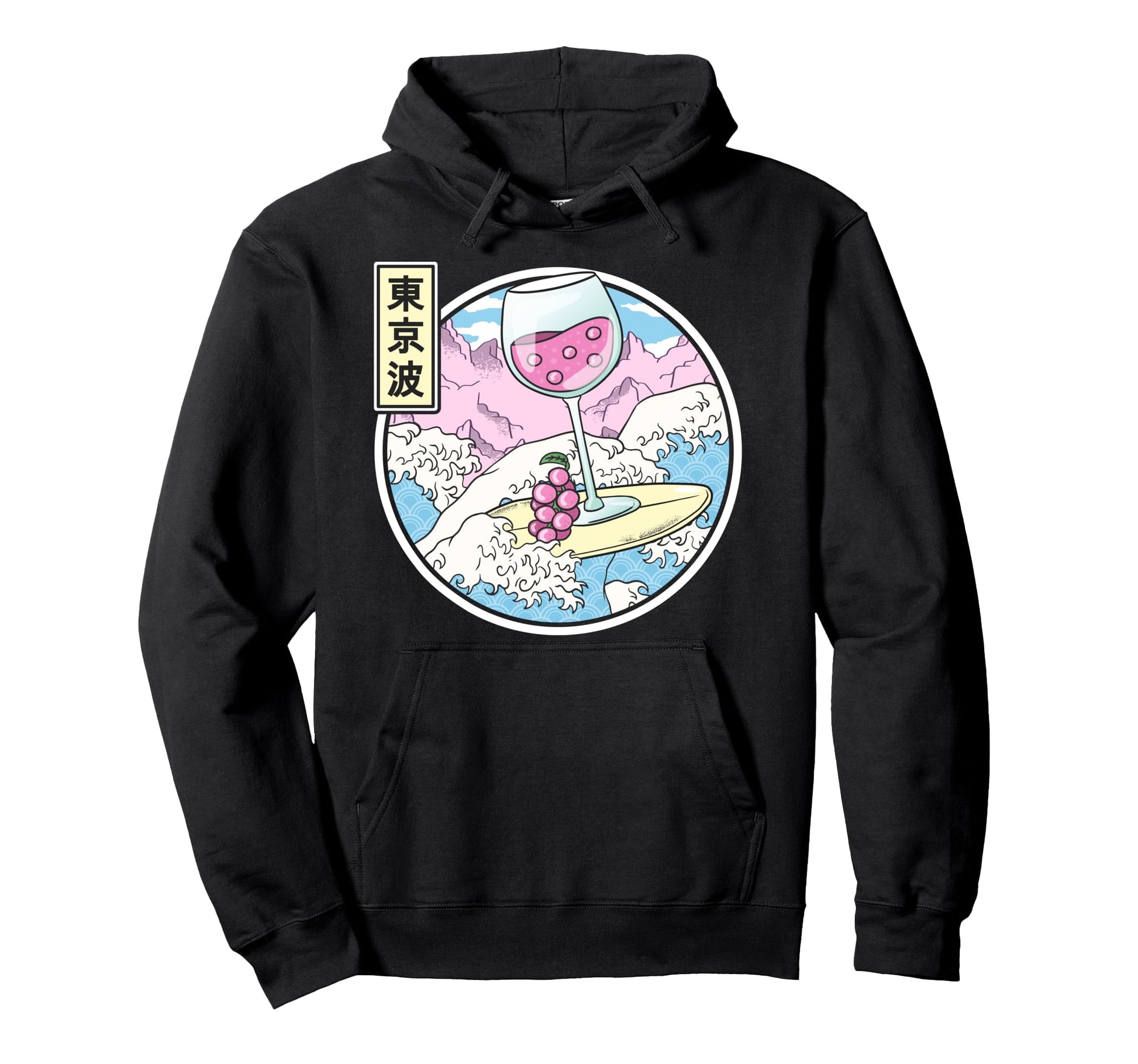 Surfing Wine Glass Japan Waves Kawaii Hoodie - Casual Everyday Wear Unisex - T-Shirt, Sweatshirt, Hoodie