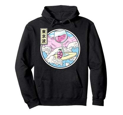 Surfing Wine Glass Japan Waves Kawaii Hoodie - Casual Everyday Wear Unisex - T-Shirt, Sweatshirt, Hoodie