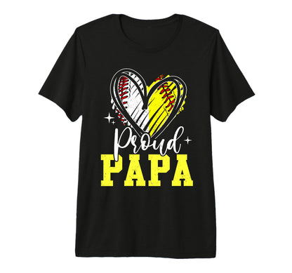 Proud Papa Baseball Softball Heart Dad Both T-Shirt - Graphic Print Unisex - T-Shirt, Sweatshirt, Hoodie