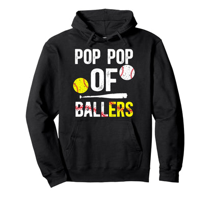 Pop Pop Ballers Softball Baseball Pop Pop Hoodie - Graphic Print Unisex - T-Shirt, Sweatshirt, Hoodie