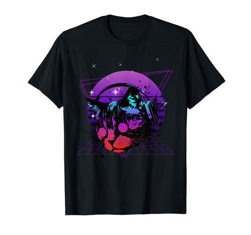 Synthwave Vaporwave Sunset Cat Is Dj T-Shirt - Novelty Apparel for Adults - T-Shirt, Sweatshirt, Hoodie