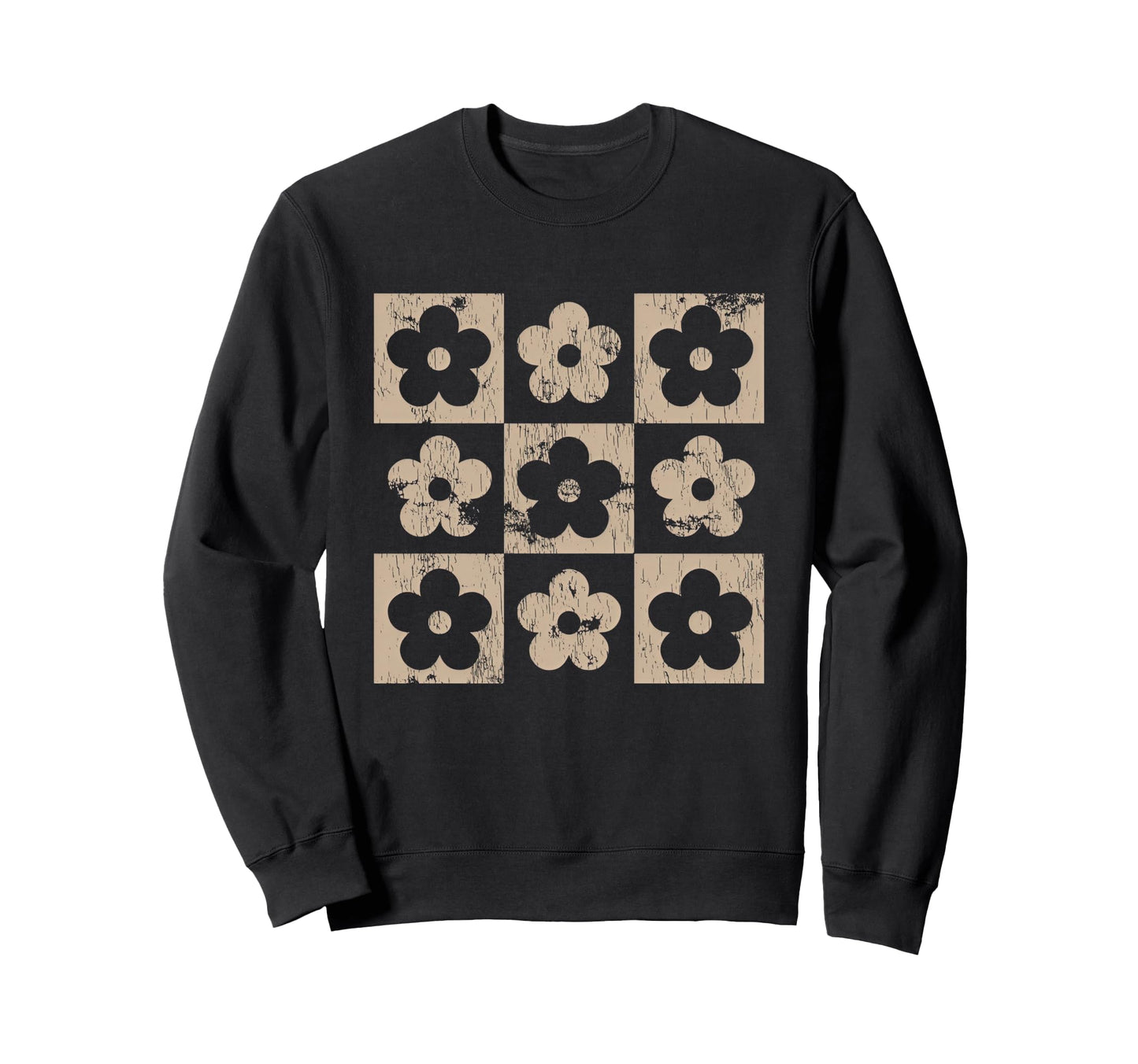 Neutral Checkerboard Daisy Flowers Sweatshirt - Streetwear Style Unisex - T-Shirt, Sweatshirt, Hoodie