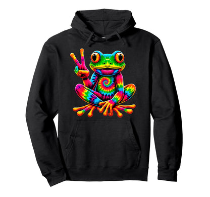 Tie Dye Frog Peace Sign Hippie Hoodie - Novelty Apparel for Adults - T-Shirt, Sweatshirt, Hoodie
