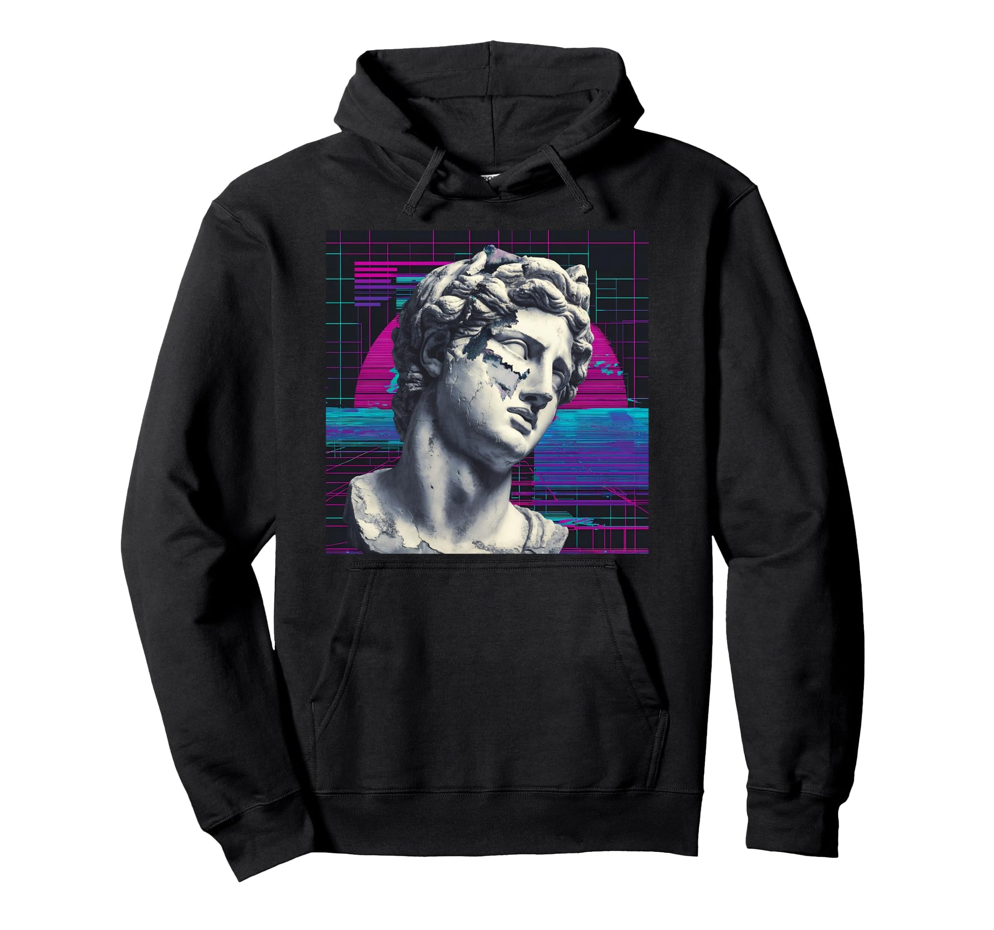Vaporwave Glitch Art Ancient Bust Hoodie - Unique Graphic Men Women - T-Shirt, Sweatshirt, Hoodie