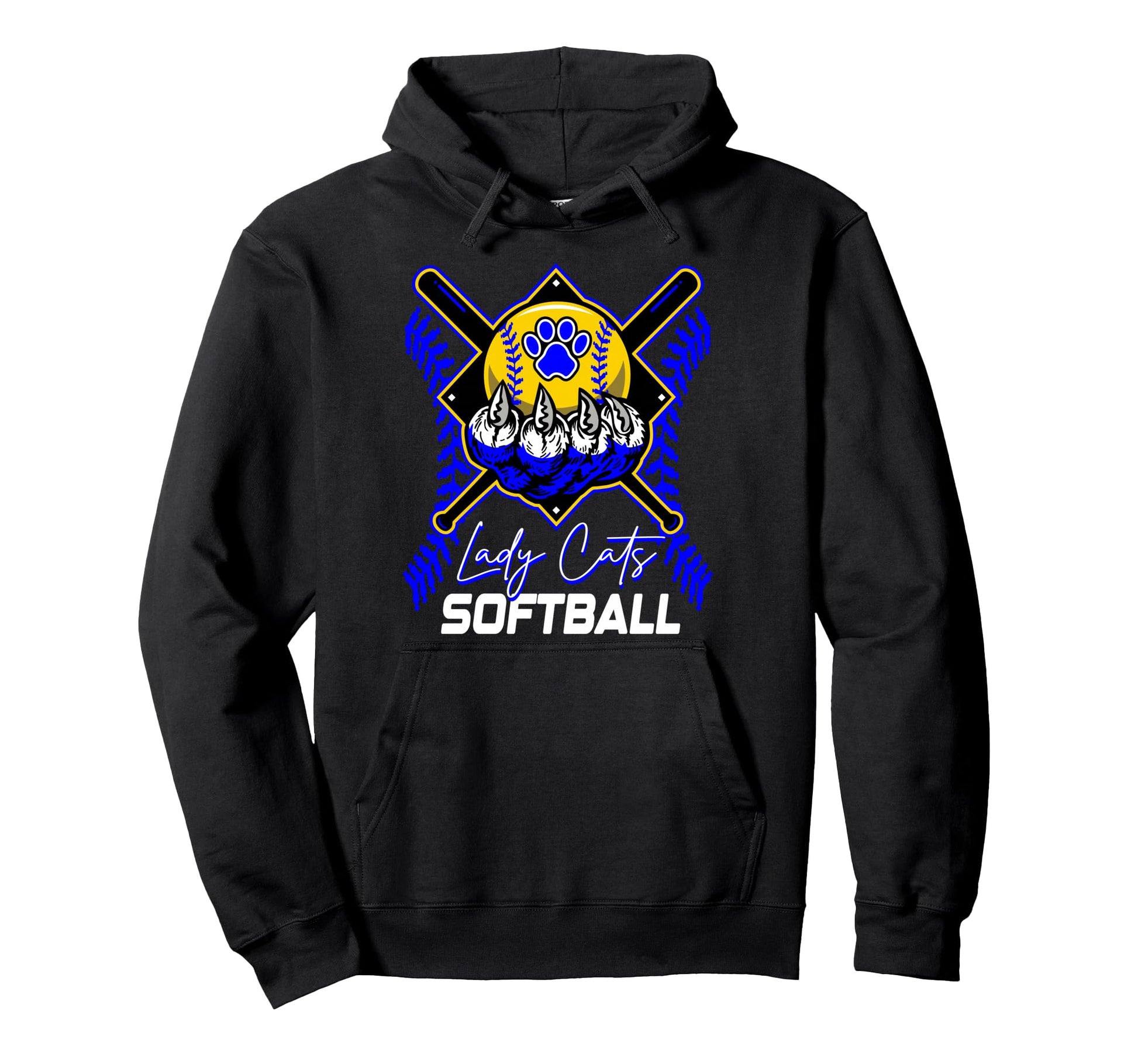 Blue Lady Cats Softball Mom Paw Game Hoodie - Unique Graphic for Adults - T-Shirt, Sweatshirt, Hoodie