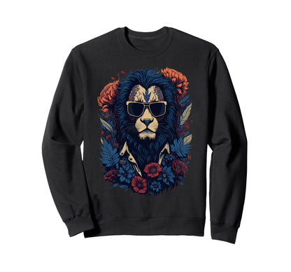 Biker Lion Sunglasses Floral Sweatshirt - Trendy Graphic for Adults - T-Shirt, Sweatshirt, Hoodie