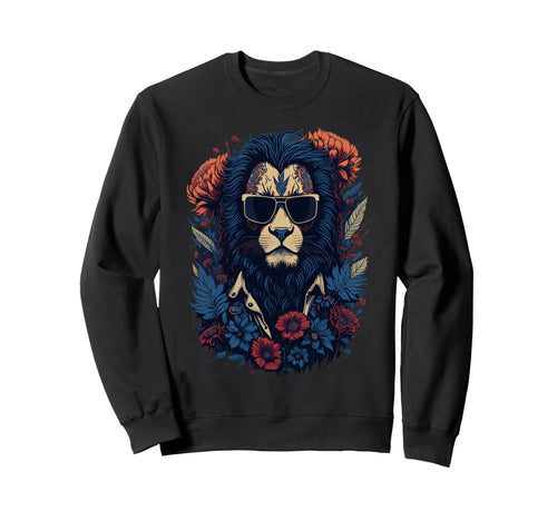 Biker Lion Sunglasses Floral Sweatshirt - Trendy Graphic for Adults - T-Shirt, Sweatshirt, Hoodie