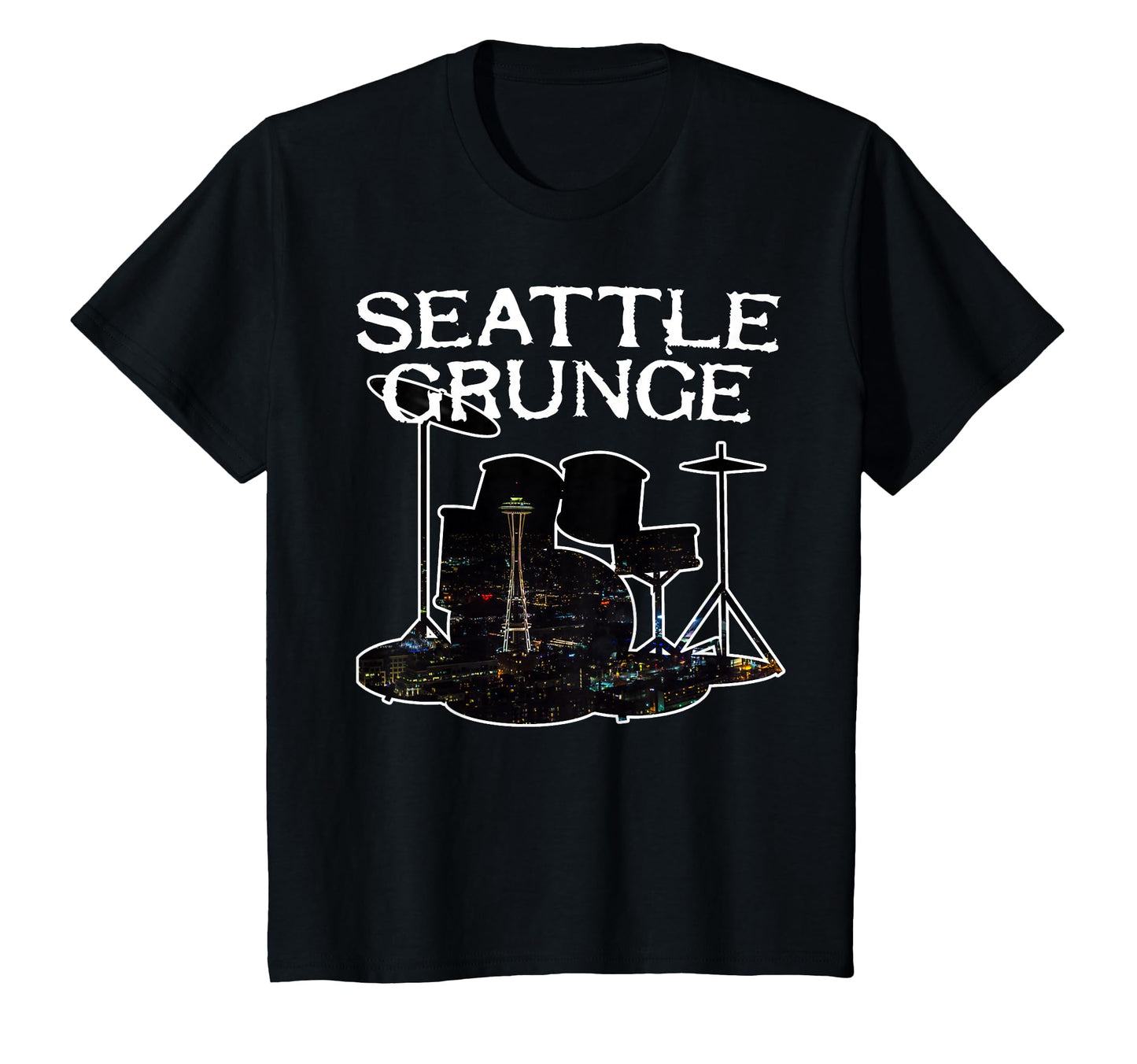 Seattle Grunge Rock Drums Space Needle T-Shirt - Unique Graphic Men Women - T-Shirt, Sweatshirt, Hoodie