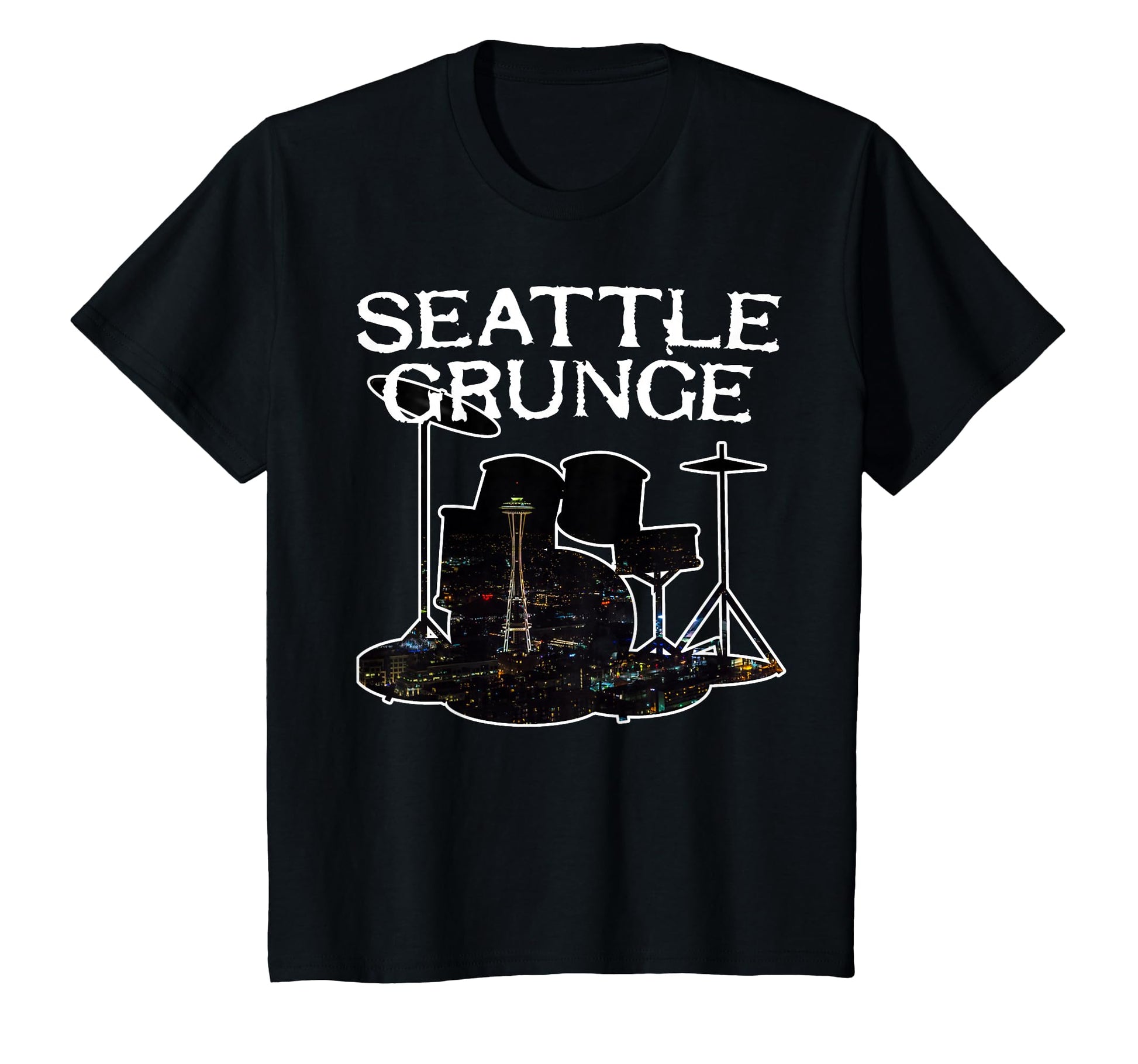 Seattle Grunge Rock Drums Space Needle T-Shirt - Unique Graphic Men Women - T-Shirt, Sweatshirt, Hoodie