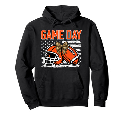Game Day Football Bow Orange Mom Hoodie - Casual Everyday Wear Men Women - T-Shirt, Sweatshirt, Hoodie
