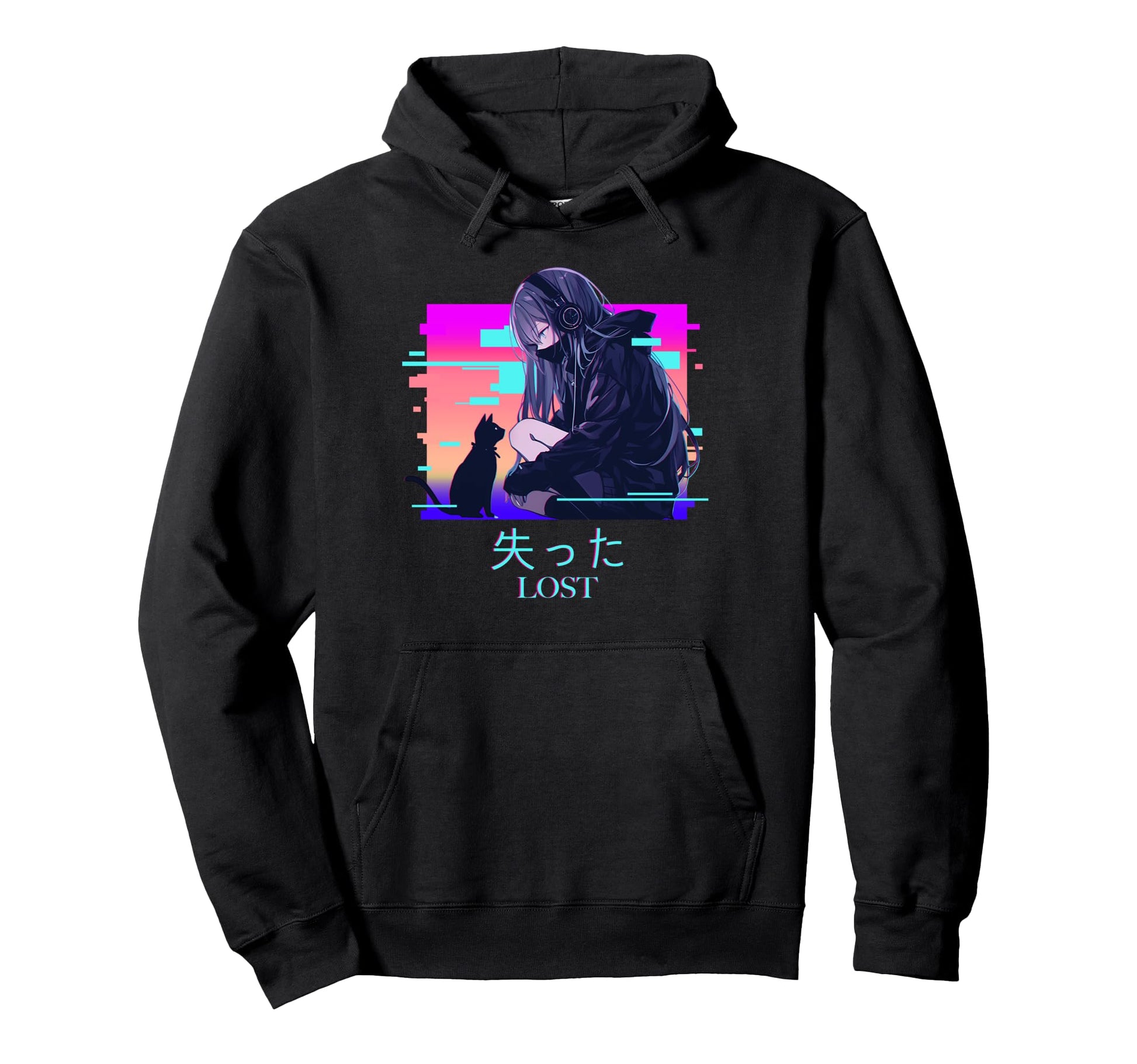 Lost Anime Cat Vaporwave Glitch Hoodie - Minimalist Print for Adults - T-Shirt, Sweatshirt, Hoodie