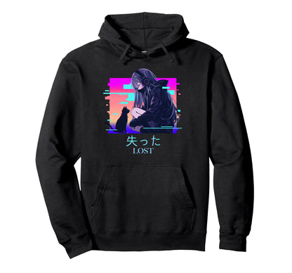 Lost Anime Cat Vaporwave Glitch Hoodie - Minimalist Print for Adults - T-Shirt, Sweatshirt, Hoodie