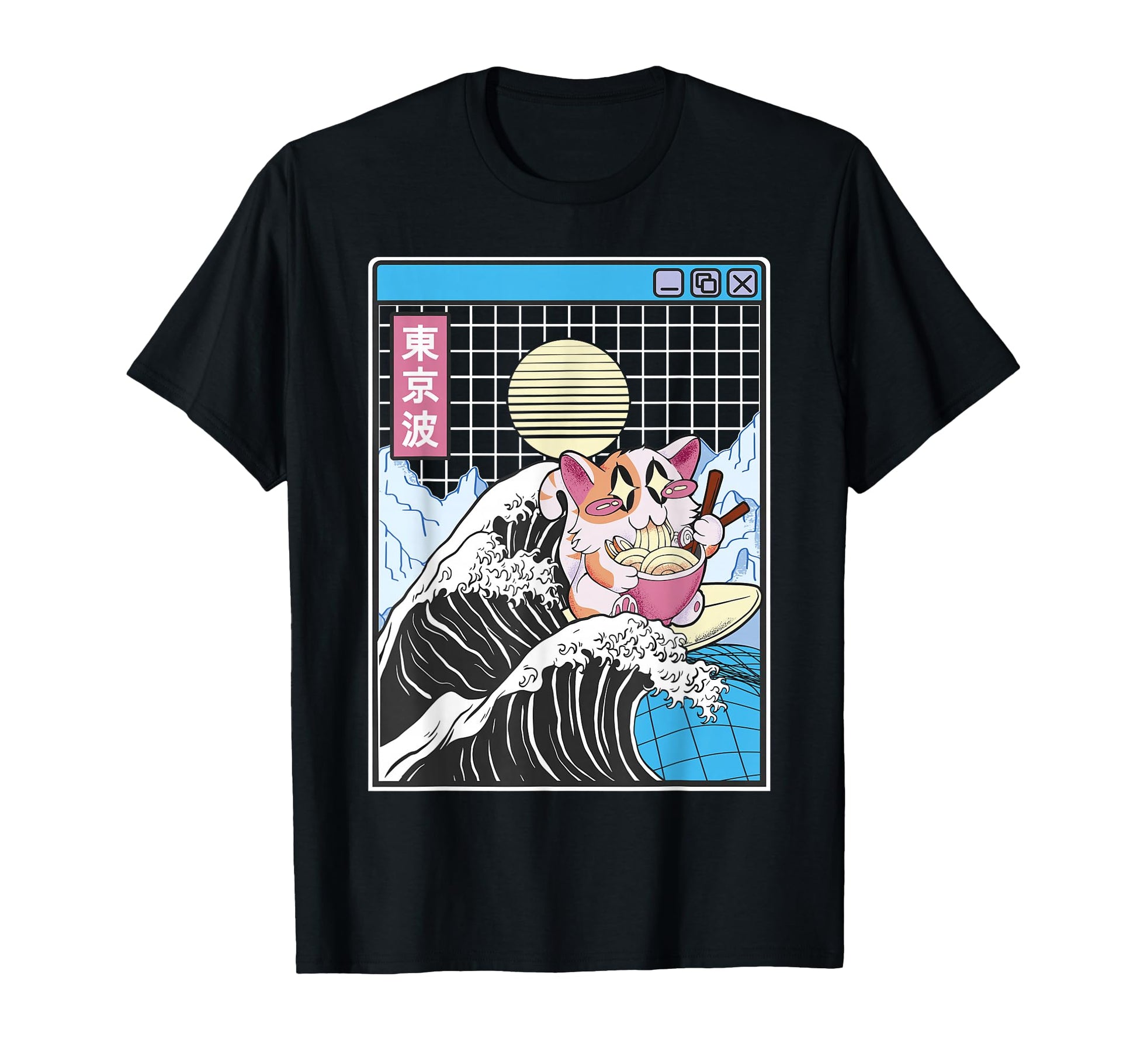 Happy Cat Eating Ramen Surfing Kanagawa T-Shirt - Streetwear Style Unisex - T-Shirt, Sweatshirt, Hoodie