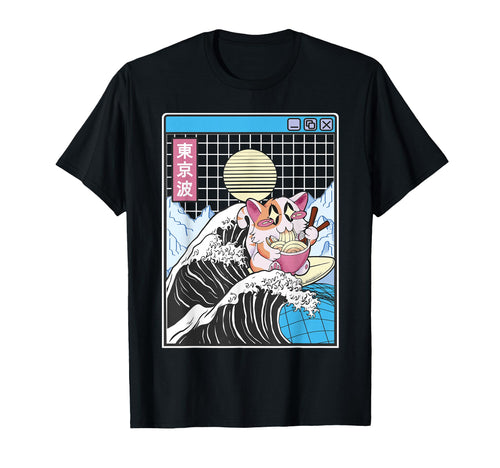 Happy Cat Eating Ramen Surfing Kanagawa T-Shirt - Streetwear Style Unisex - T-Shirt, Sweatshirt, Hoodie