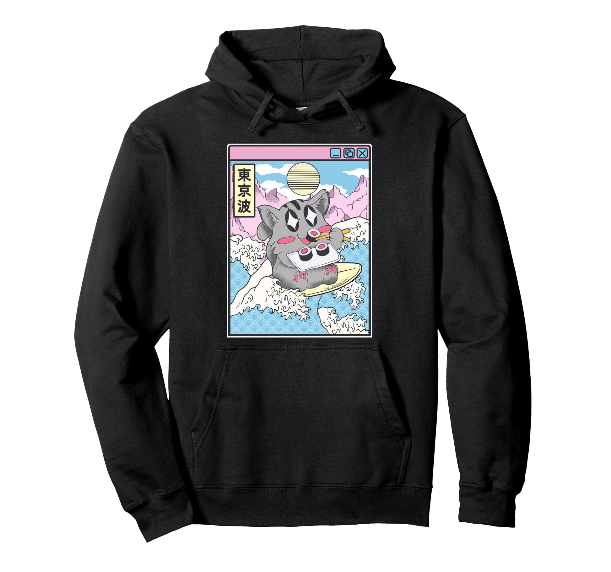 Surfing Cat Eating Sushi Japanese Wave Hoodie - Unique Graphic Unisex - T-Shirt, Sweatshirt, Hoodie