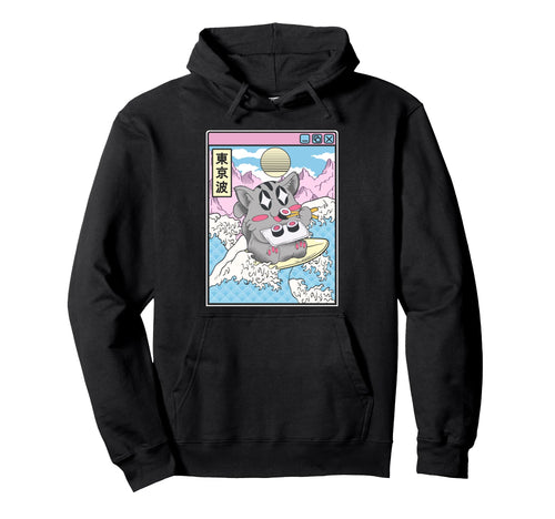 Surfing Cat Eating Sushi Japanese Wave Hoodie - Unique Graphic Unisex - T-Shirt, Sweatshirt, Hoodie