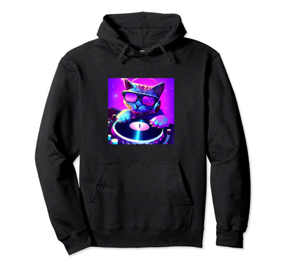 Cat Dj Vaporwave Aesthetic Animal Hoodie - Minimalist Print Unisex - T-Shirt, Sweatshirt, Hoodie