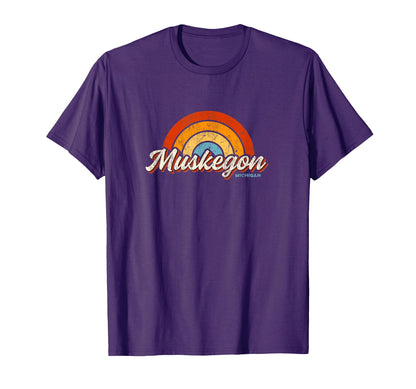 Muskegon Michigan Mi Rainbow 70S T-Shirt - Minimalist Print Unisex - T-Shirt, Sweatshirt, Hoodie