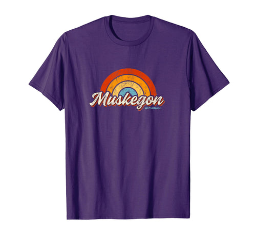 Muskegon Michigan Mi Rainbow 70S T-Shirt - Minimalist Print Unisex - T-Shirt, Sweatshirt, Hoodie