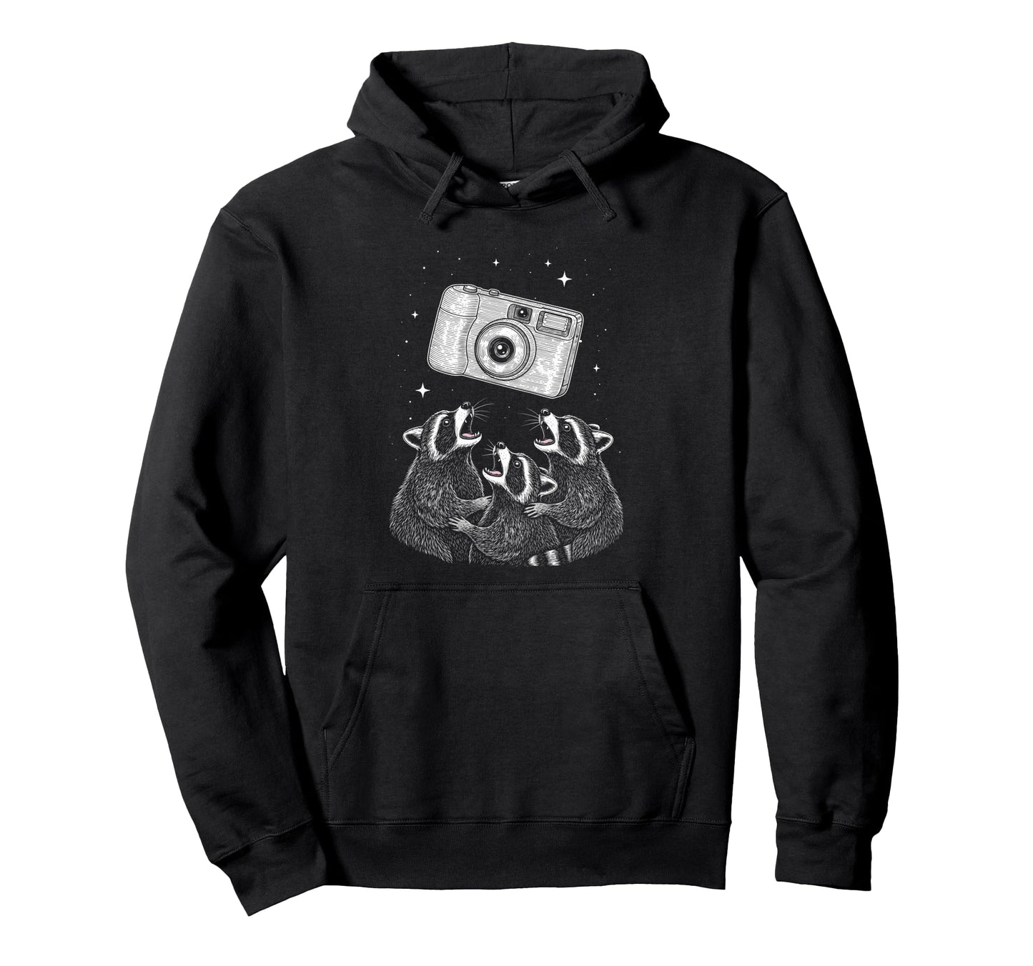 Photo Raccoon Camera Night Scene Hoodie - Unique Graphic for Adults - T-Shirt, Sweatshirt, Hoodie