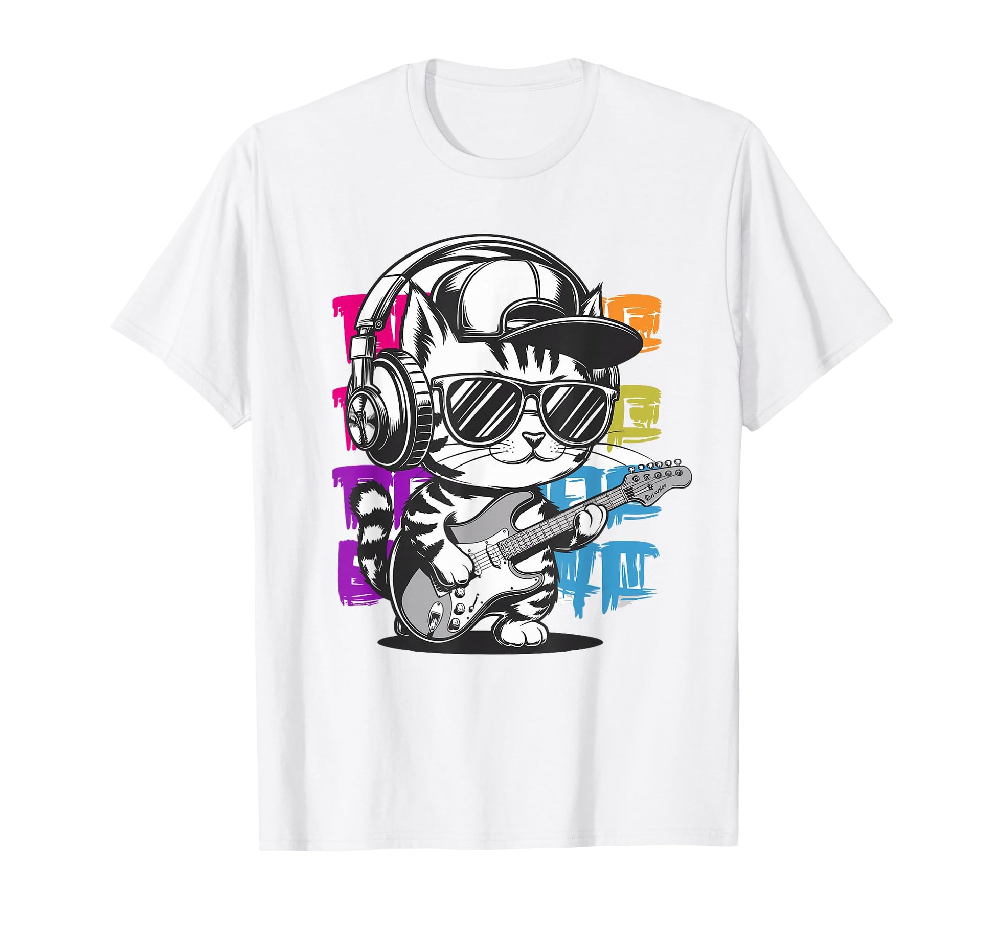Hip Hop Cat Headphones Electric Guitar T-Shirt - Unique Graphic for Adults - T-Shirt, Sweatshirt, Hoodie