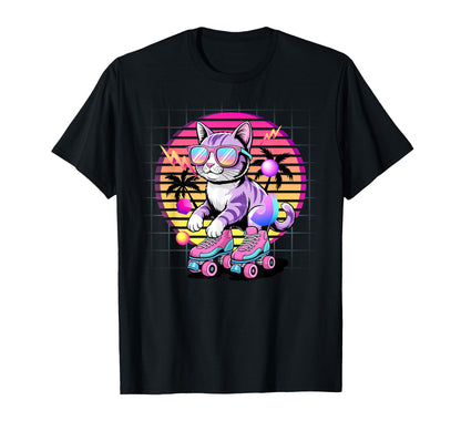 Synthwave Cat Roller Skates 80S T-Shirt - Fun Novelty Design Men Women - T-Shirt, Sweatshirt, Hoodie