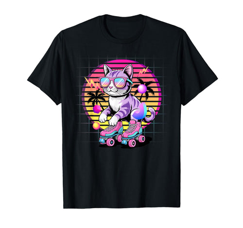Synthwave Cat Roller Skates 80S T-Shirt - Fun Novelty Design Men Women - T-Shirt, Sweatshirt, Hoodie