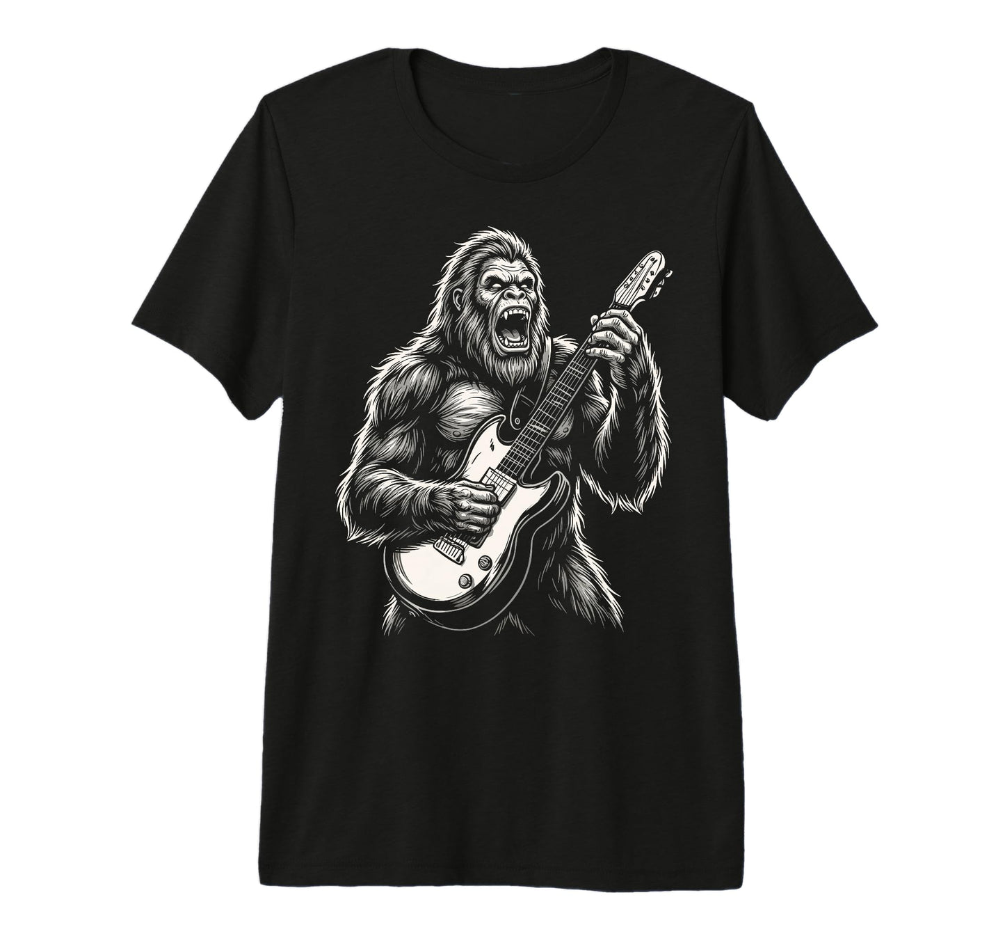 Funny Bigfoot Playing Guitar Heavy Metal T-Shirt - Custom Art Print Unisex - T-Shirt, Sweatshirt, Hoodie
