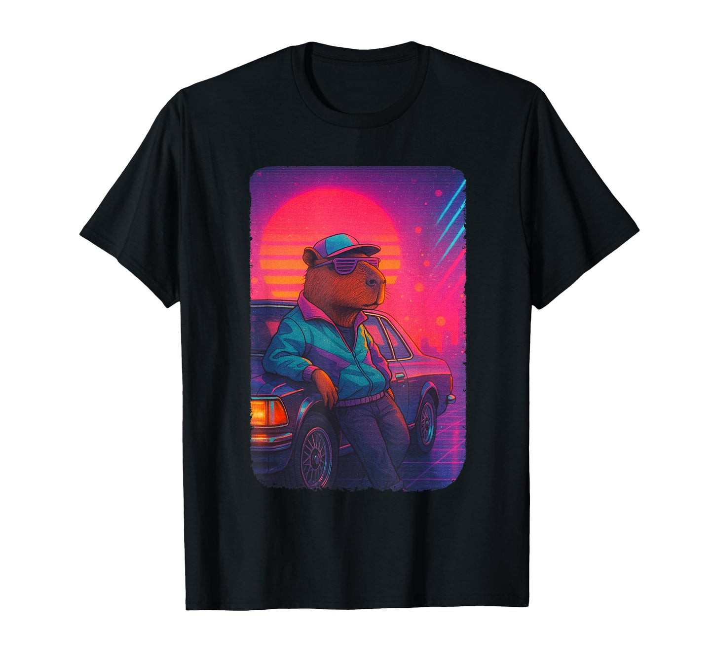 80S Capybara Vaporwave Sunset T-Shirt - Casual Everyday Wear Unisex - T-Shirt, Sweatshirt, Hoodie