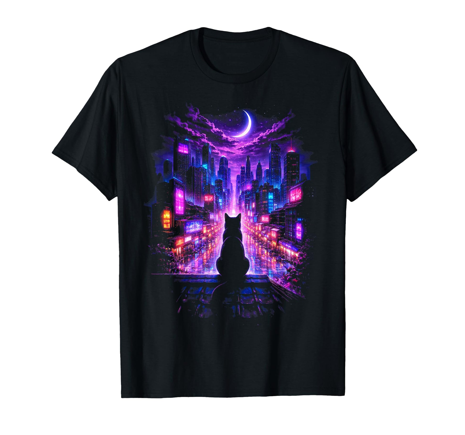 Cyberpunk City Cat Vaporwave Night T-Shirt - Unique Graphic Men Women - T-Shirt, Sweatshirt, Hoodie
