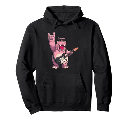 Hippo Guitar Player Rock Music Hoodie - Minimalist Print Unisex - T-Shirt, Sweatshirt, Hoodie