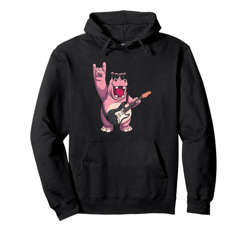 Hippo Guitar Player Rock Music Hoodie - Minimalist Print Unisex - T-Shirt, Sweatshirt, Hoodie