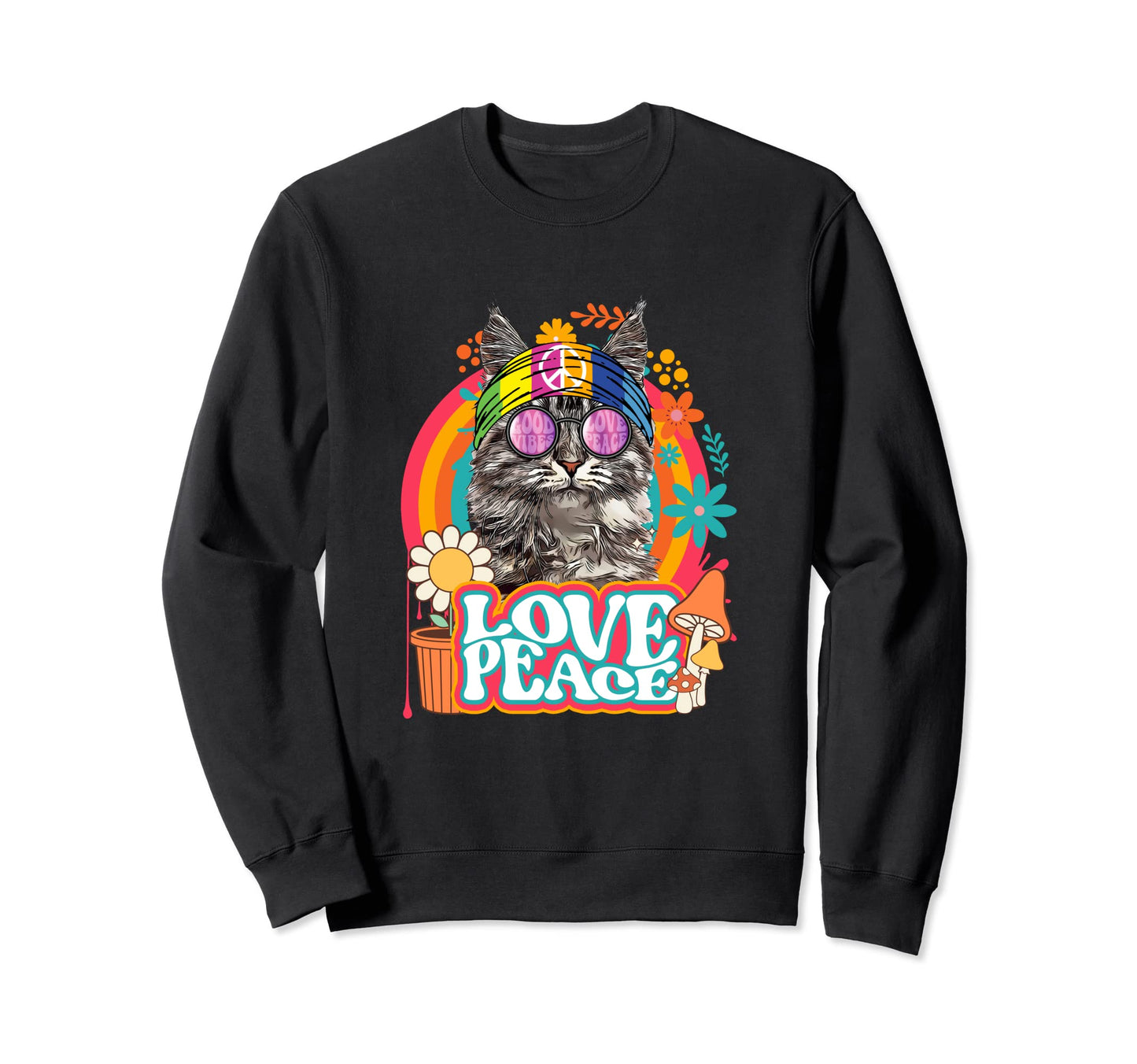 Hippie Cat Rainbow 60S 70S Peace Sweatshirt - Aesthetic Graphic for Adults - T-Shirt, Sweatshirt, Hoodie