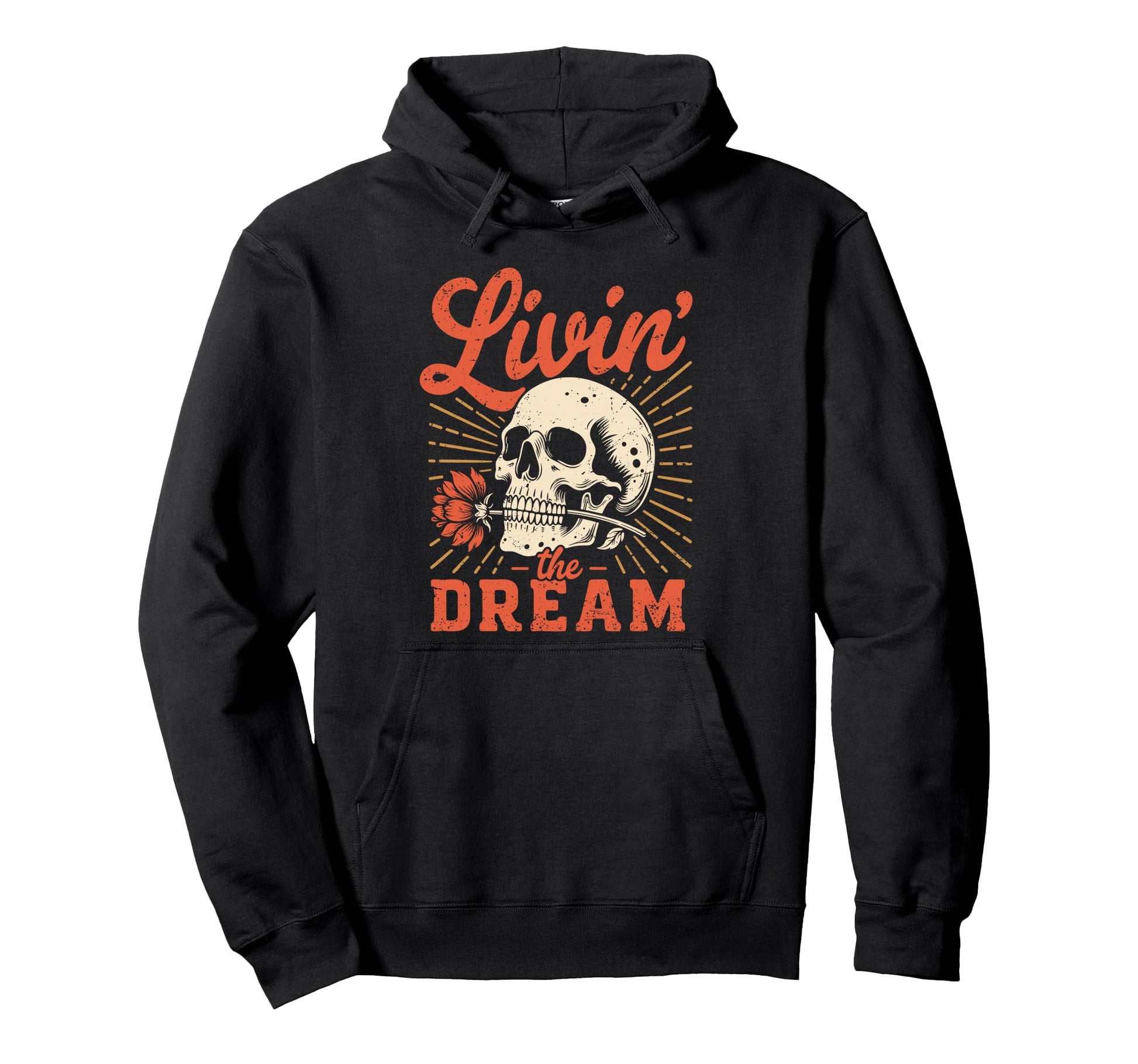 Livin Dream Distressed Skull Flower Grunge Hoodie - Unique Graphic Unisex - T-Shirt, Sweatshirt, Hoodie