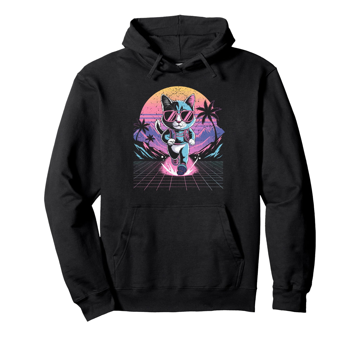 Synthwave Running Cat 80S Vaporwave Hoodie - Novelty Apparel for Adults - T-Shirt, Sweatshirt, Hoodie