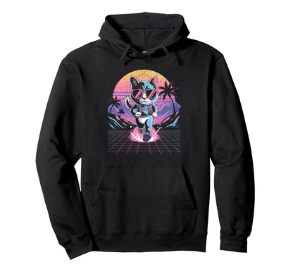 Synthwave Running Cat 80S Vaporwave Hoodie - Novelty Apparel for Adults - T-Shirt, Sweatshirt, Hoodie