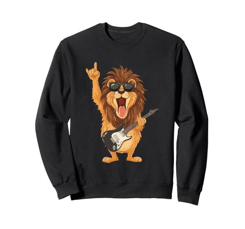 Rockstar Lion Sunglasses Electric Guitar Sweatshirt - Graphic Print Unisex - T-Shirt, Sweatshirt, Hoodie