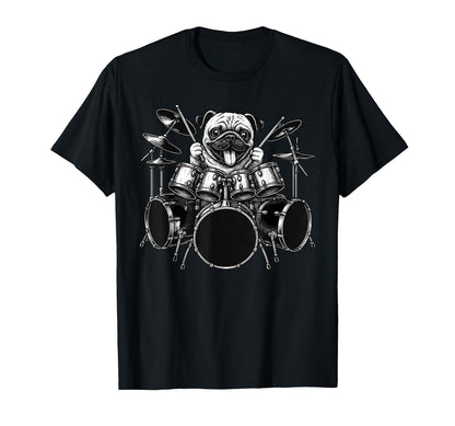 Pug Playing Drums Drummer Dog Lover T-Shirt - Trendy Graphic Unisex - T-Shirt, Sweatshirt, Hoodie