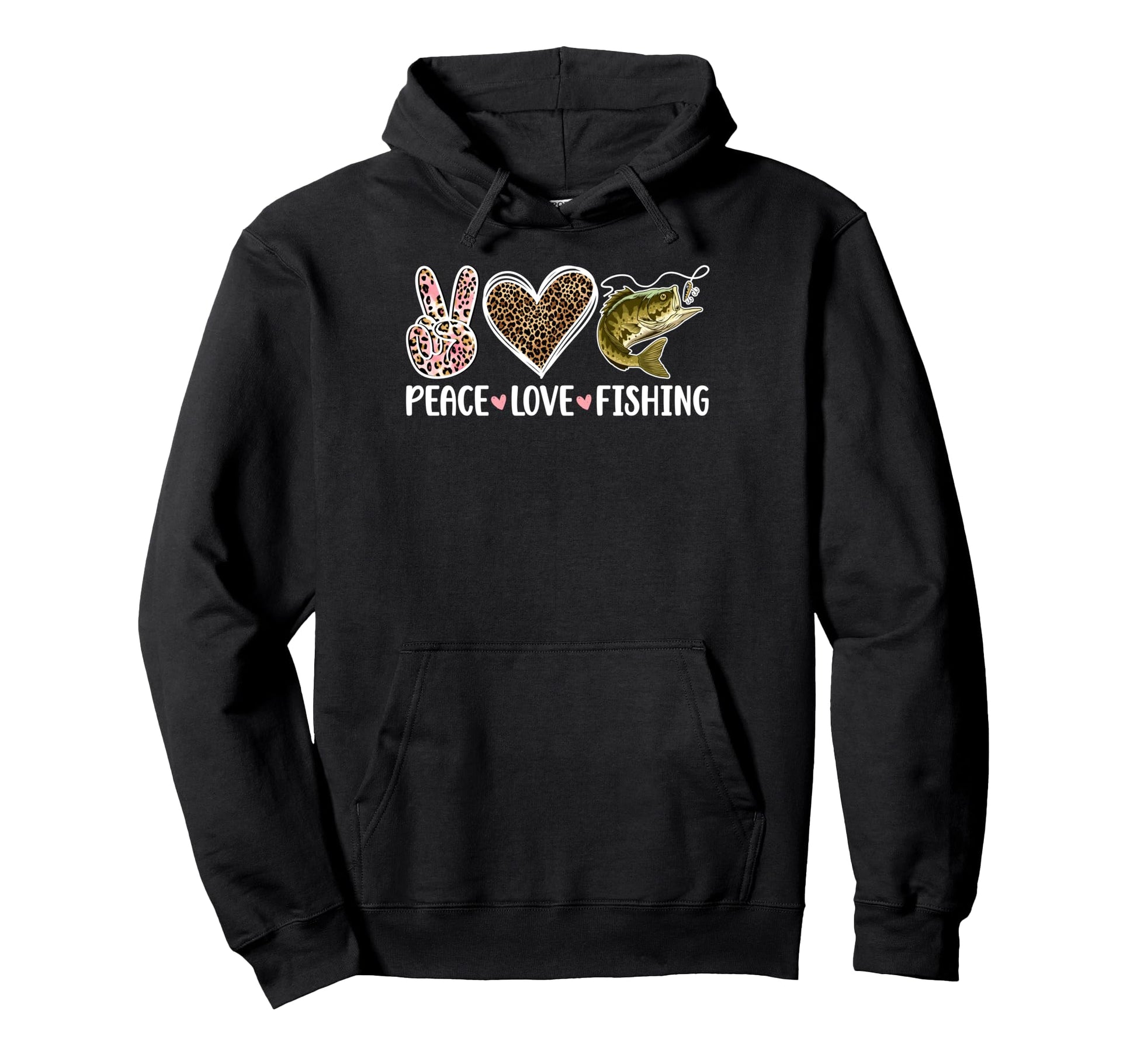 Leopard Peace Love Bass Fishing Hoodie - Novelty Apparel Unisex - T-Shirt, Sweatshirt, Hoodie