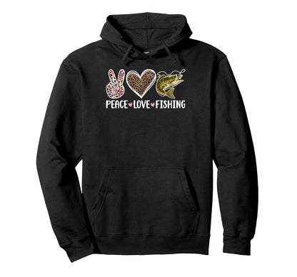 Leopard Peace Love Bass Fishing Hoodie - Novelty Apparel Unisex - T-Shirt, Sweatshirt, Hoodie