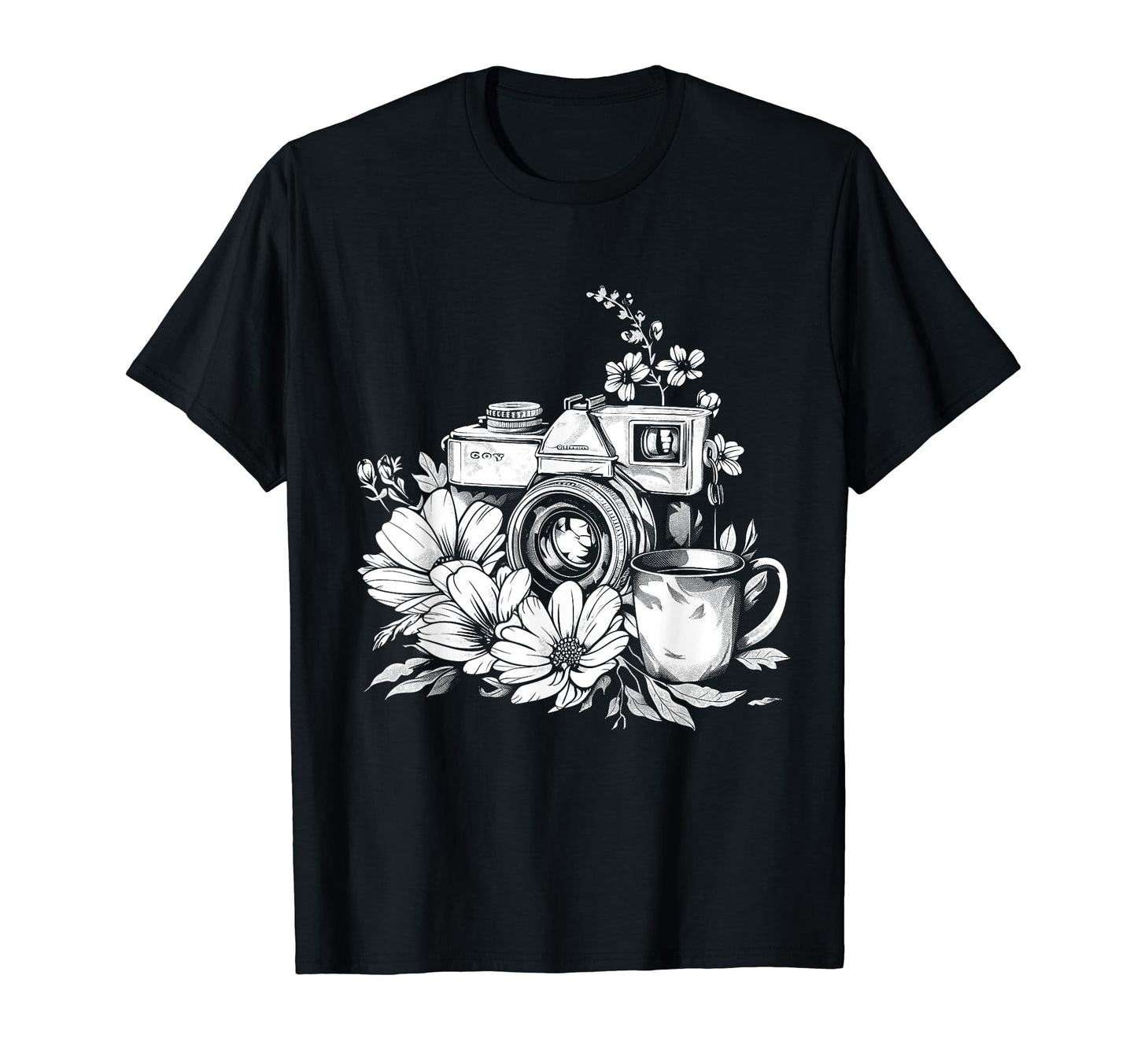 Photographer Coffee Camera Flowers T-Shirt - Fun Novelty Design for Adults - T-Shirt, Sweatshirt, Hoodie