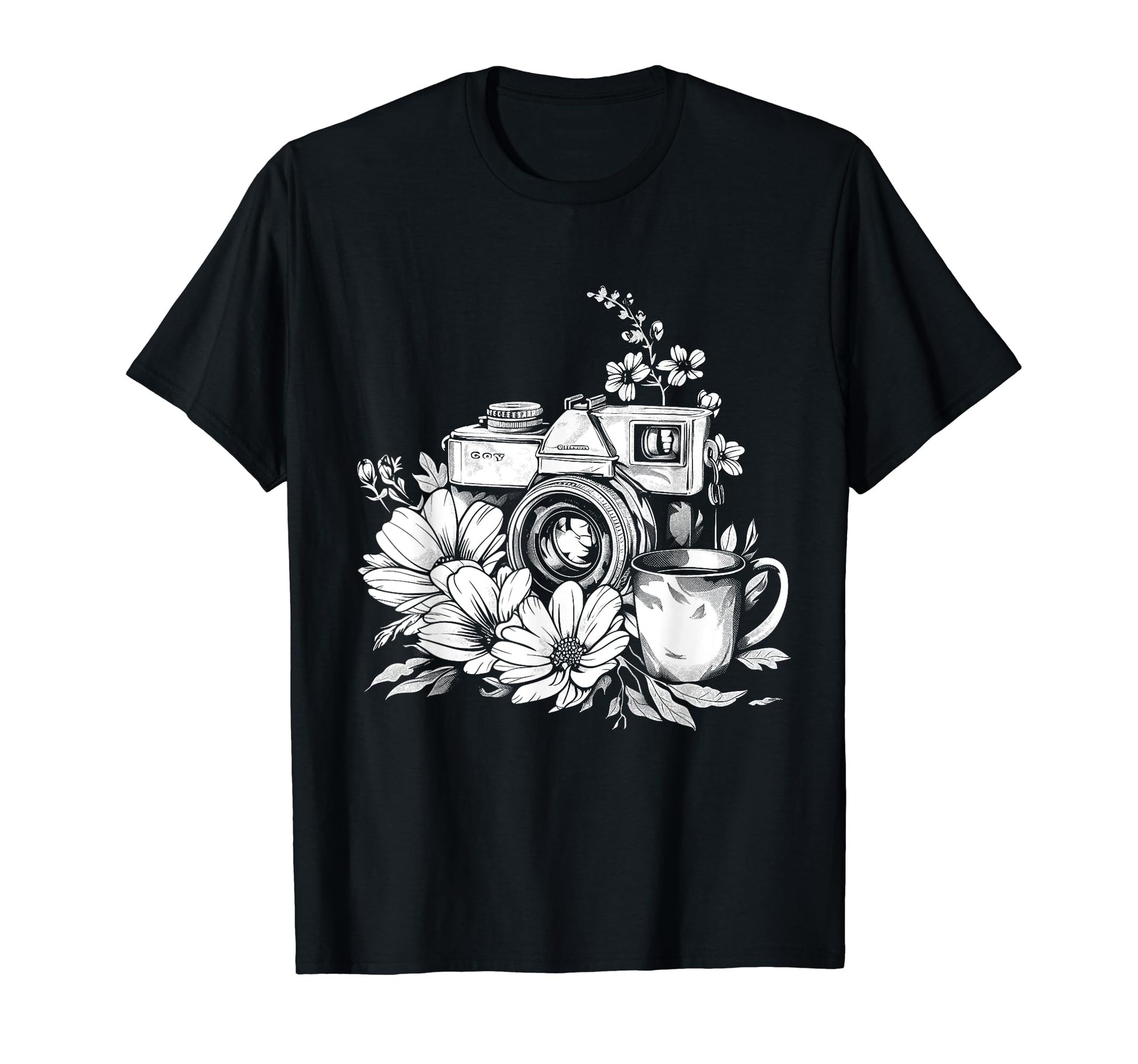 Photographer Coffee Camera Flowers T-Shirt - Fun Novelty Design for Adults - T-Shirt, Sweatshirt, Hoodie