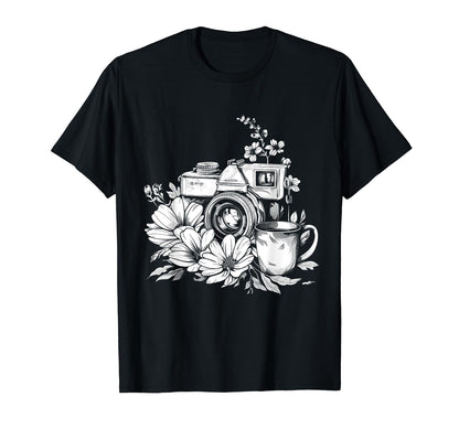Photographer Coffee Camera Flowers T-Shirt - Fun Novelty Design for Adults - T-Shirt, Sweatshirt, Hoodie