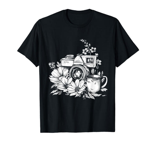 Photographer Coffee Camera Flowers T-Shirt - Fun Novelty Design for Adults - T-Shirt, Sweatshirt, Hoodie