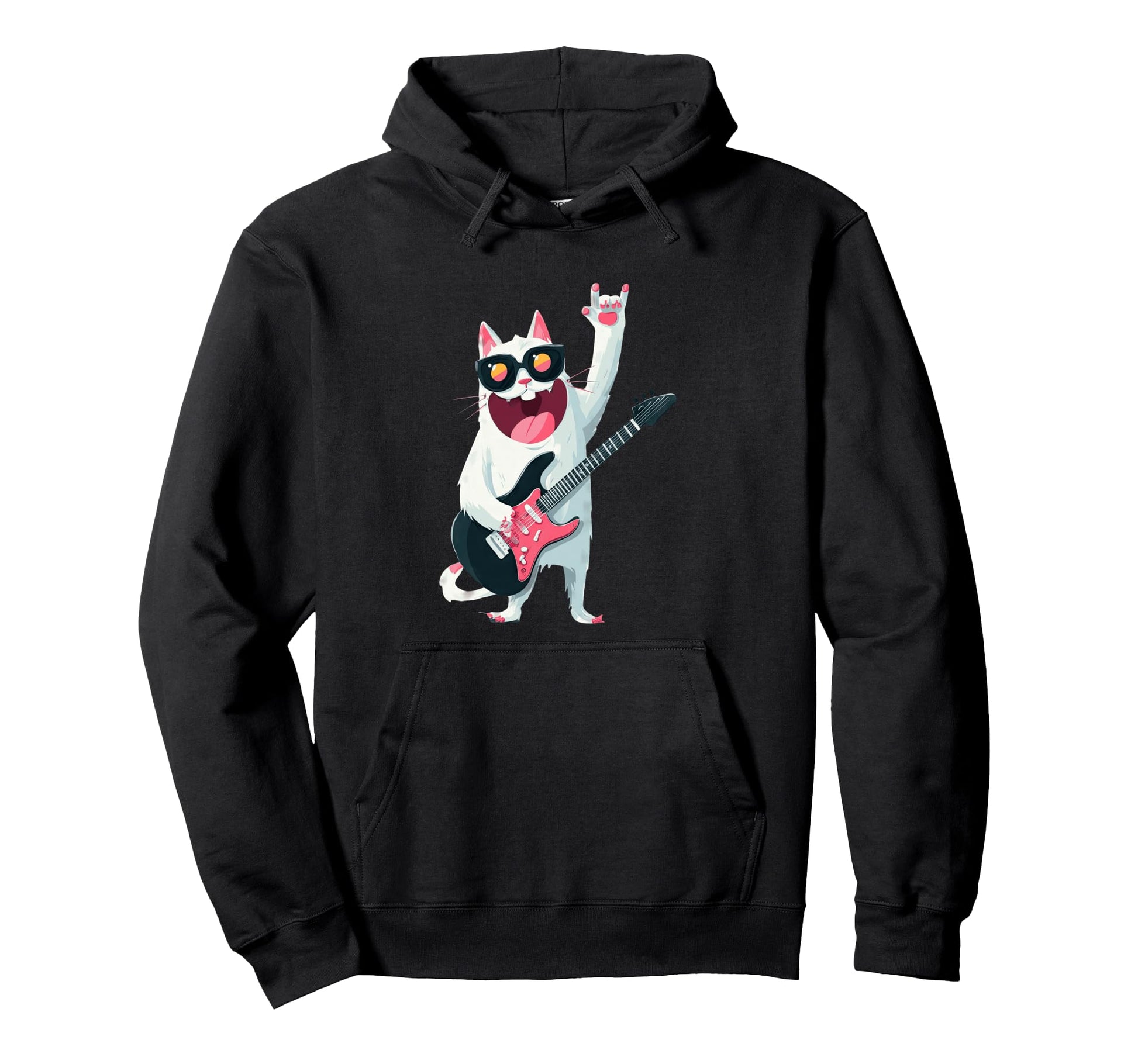 Cat Guitarist Funny Cat Rock Music Hoodie - Minimalist Print Unisex - T-Shirt, Sweatshirt, Hoodie