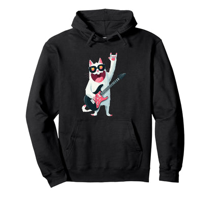 Cat Guitarist Funny Cat Rock Music Hoodie - Minimalist Print Unisex - T-Shirt, Sweatshirt, Hoodie