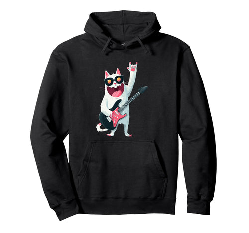 Cat Guitarist Funny Cat Rock Music Hoodie - Minimalist Print Unisex - T-Shirt, Sweatshirt, Hoodie