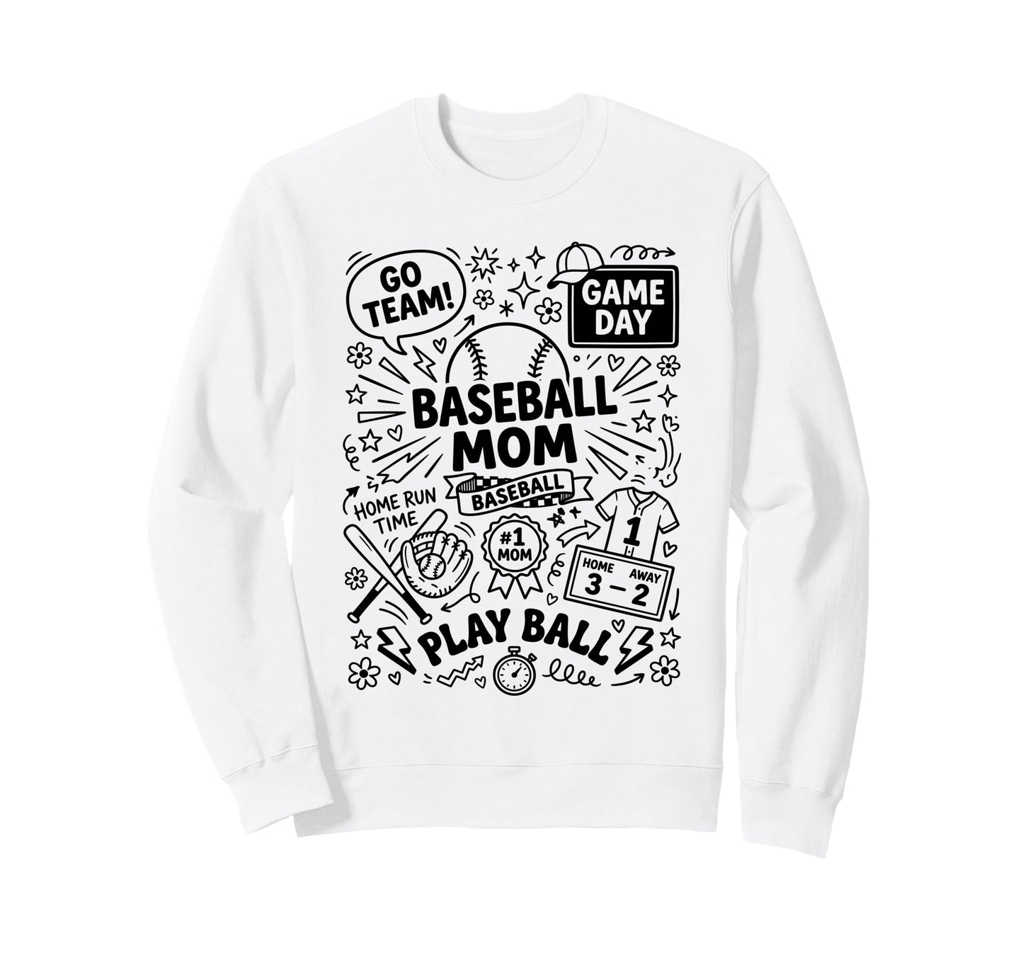 Sports Mom Baseball Fan Doodles Art Sweatshirt - Novelty Apparel Men Women - T-Shirt, Sweatshirt, Hoodie