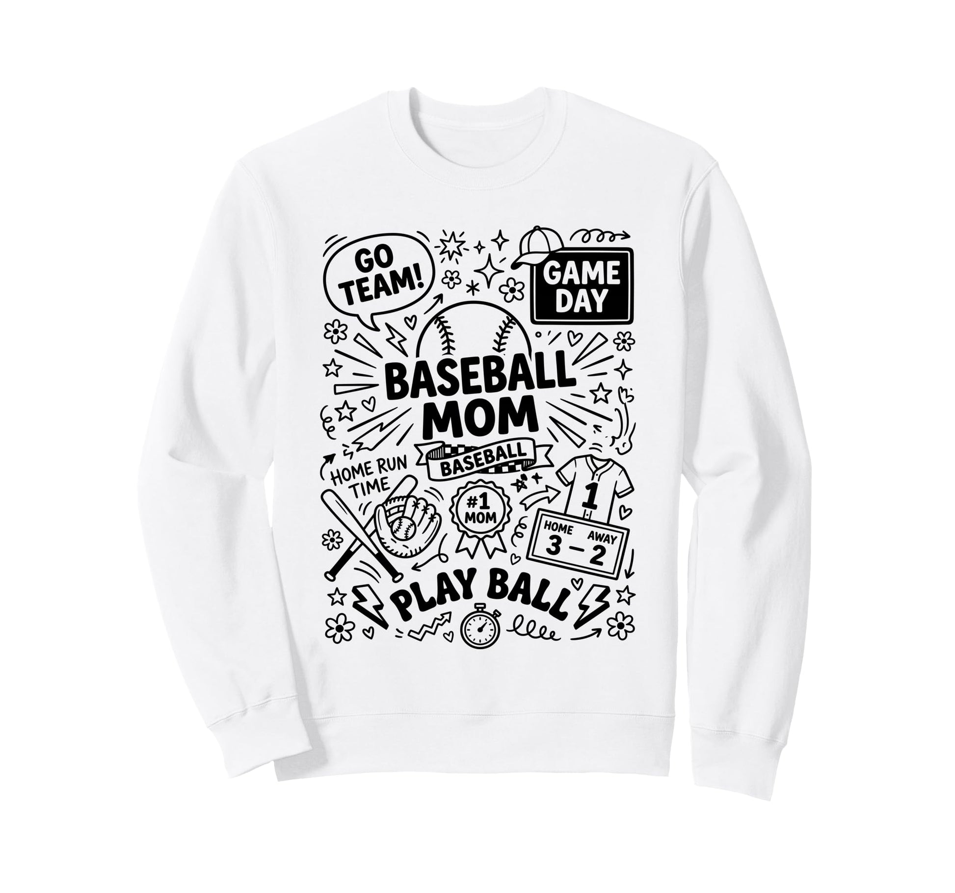 Sports Mom Baseball Fan Doodles Art Sweatshirt - Novelty Apparel Men Women - T-Shirt, Sweatshirt, Hoodie